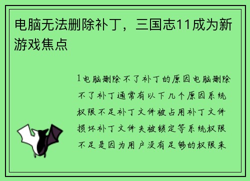 电脑无法删除补丁，三国志11成为新游戏焦点